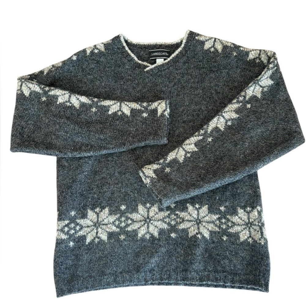 Landscape Vintage Wool Blend Snowflake Sweater Mens Size Medium Gray Cream
